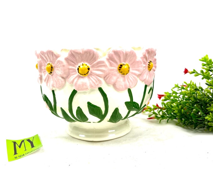Beautiful Vintage Porcelain Planter Pink Daisy Flowers Trim Decorative