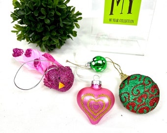 Vintage Kitschy Christmas Ornaments: Pink Bird, Heart, Foam Ball - Set of 3