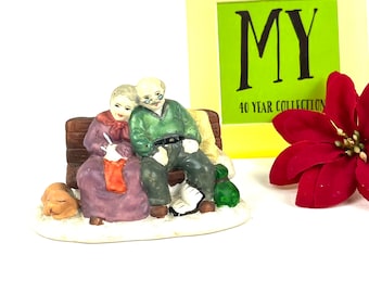 Vintage Porcelain Figurine: Old Couple on Bench with Dog
