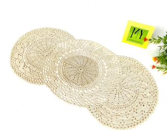 Vintage Handmade Oval Crochet Doily - Three Circle Beige Color Doily - Table Decor - Platter decor - My40YearCollection