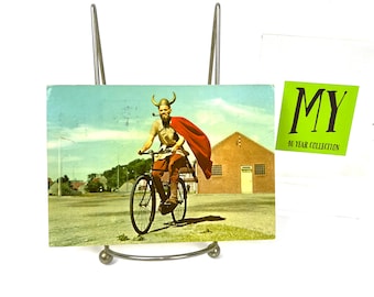 Vintage Postcard - Viking Riding Bike with Cape and Pipe - Posted 1968 Denmark Stamp - My40YearCollection