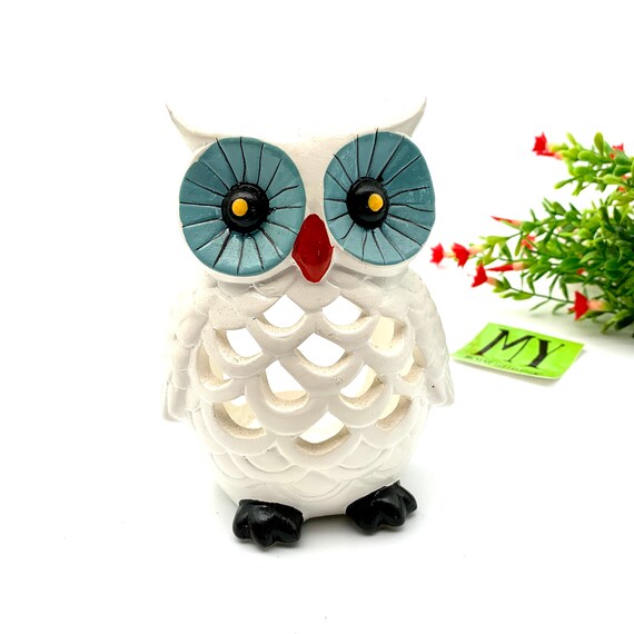 Ornamenti Animali In Ceramica Rustica Shabby Chic - Gufo Medio (17 Cm) Con Finitura Ruvida E Dettagli Intagliati - 3
