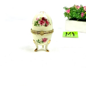 Vintage Porcelain Egg Shape Ring Box Formalities by Baum Bros Trinket Box Beige with Pink Roses Gold Trim Gift for Easter My40YearCollection