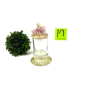 Vintage Glass Canister with Ceramic Base and Lid - Rustic Green with Pink Silk Ribbon - Vanity Jar - Shabby Chic Decor My40YearCollection