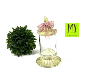 Vintage Glass Canister: Rustic Green Ceramic Base, Pink Silk Ribbon
