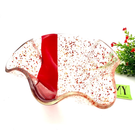 Vintage Fused Glass Bowl: Red Confetti, Boho Eclectic Decor