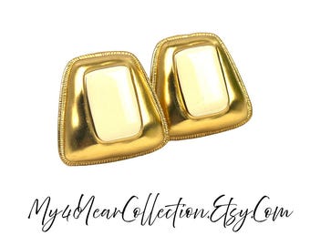 Vintage Gold Trapezoid Clip On Earrings with Off White Stone