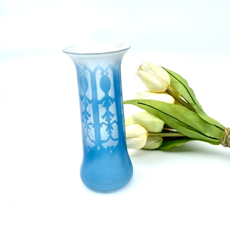 Vintage Light Blue Glass Cylinder Shape Vase Etched Pattern Glass Vase with Beige Faux Tulip Bunch Shabby Chic Decor