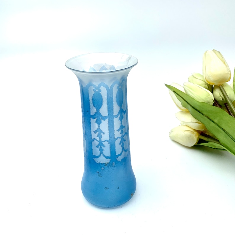 Vintage Light Blue Glass Cylinder Shape Vase Etched Pattern Glass Vase with Beige Faux Tulip Bunch Shabby Chic Decor