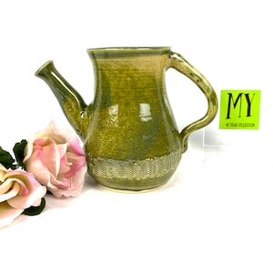 Vintage Pottery Pitcher - Artisan Green Pitcher - Vase Pitcher - Artist Signature on Bottom - Green Accent Decor -  My40YearCollection