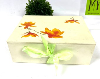 Vintage Oscar de La Renta Keepsake Box - Cream with Orange Flower Motif Compo Wood - Silk Ribbon Tie - Rectangular Box - My40YearCollection