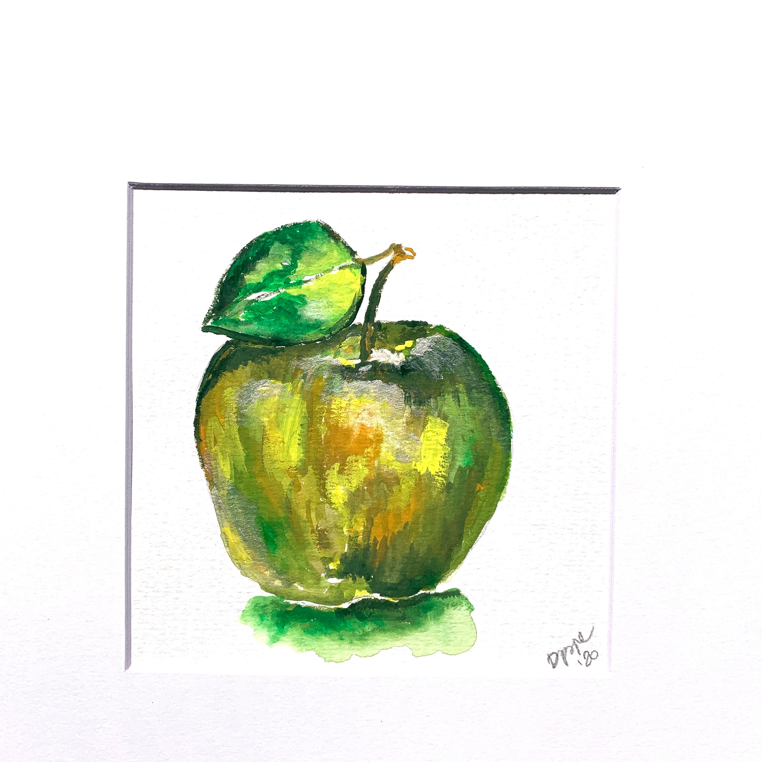 絵画 Apple Original Watercolor - Granny Green Apple - Matted Watercolor