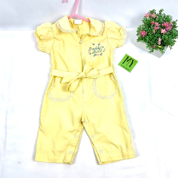 Vintage Yellow Baby Girl Embroidery Romper "Daddy… - image 7