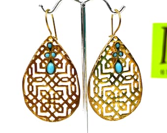Vintage Goldtone Teardrop Filigree Pierced Earrings with Turquoise Stone – Made in Turkey - My40YearCollection