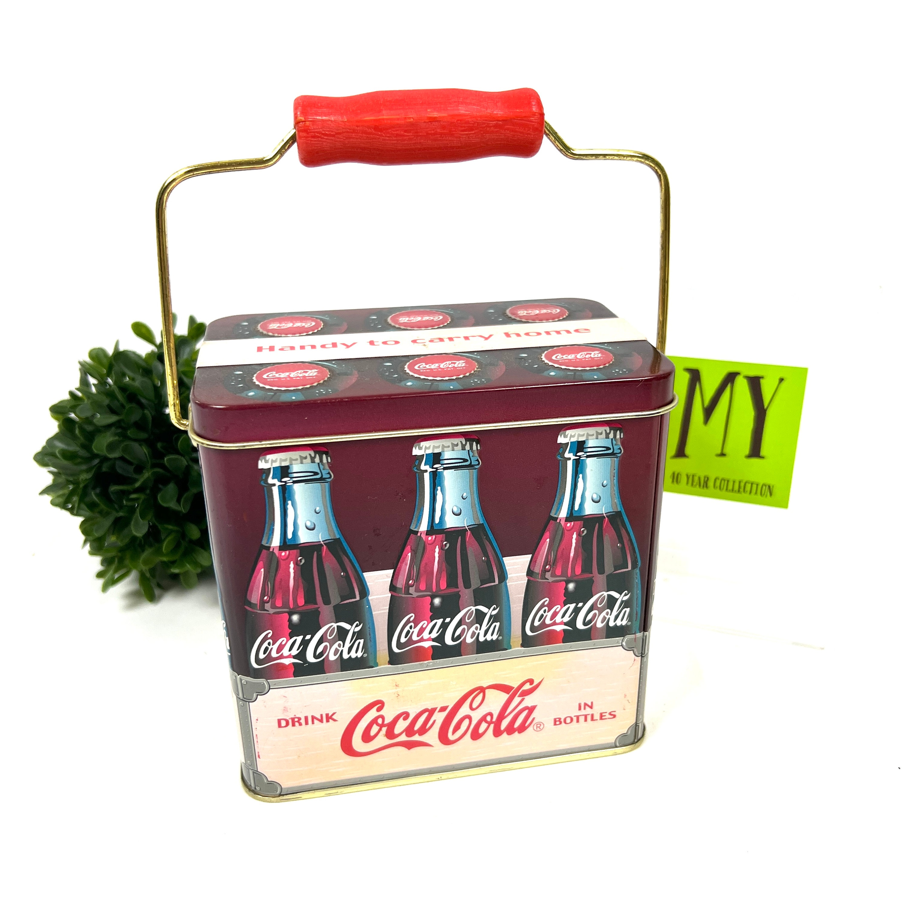 Vintage Coca Cola 6-pack Bottle Tin: Red Wood Handle Collectible
