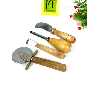 Vintage Kitchen Utensils - Wood Base - Mismatched - Pizza Cutter Zester Spreader Poker - Farmhouse Decor - My40Yearcollection