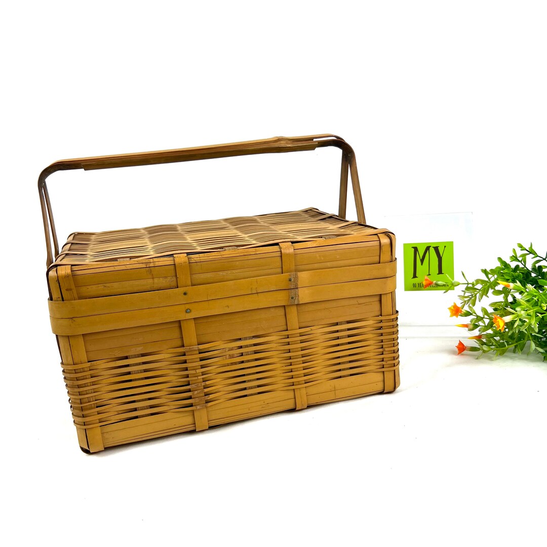 Vintage Reed and Bamboo Picnic Basket Suitcase Picnic Basket for Two