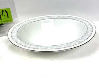 Vintage Noritake Glenrose Serving Bowl: White Floral, Blue Band, Platinum Trim
