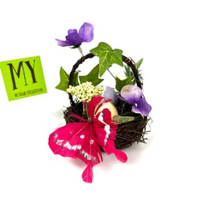 Vintage Small Easter Decoration - Upcycled Rattan Wood Basket - Easter Eggs Faux Flowers, Butterfly - Easter Decor My40YearCollection
