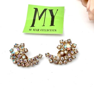 Vintage Aurora Borealis Rhinestone Clip On Earrings: Mid Century Costume Jewelry