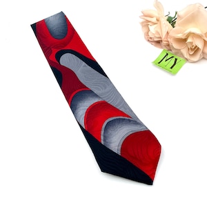 Vintage Pierre Balmain Extra Long All Silk Necktie Italian Contemporary Pattern Red Black and Gray Swirl Art Deco Style My40YearCollection