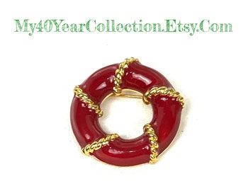 Vintage Nautical Brooch: Red & Gold Life Preserver Ring