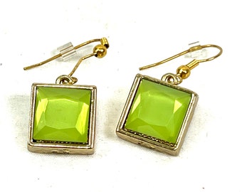 Beautiful Vintage Square Cut Prehnite Drop Dangle Earrings - Apple Green Dangle Earrings - Costume Jewelry Gift Idea My40YearCollection