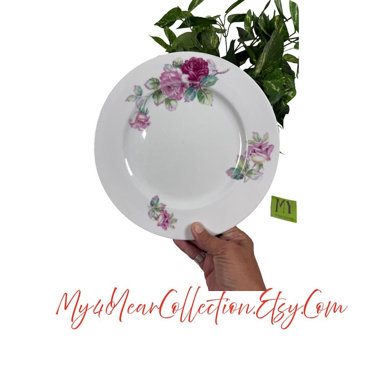 Vintage Regina china dinner plate with pink rose floral design on white porcelain