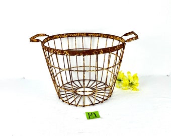 Large Antique Round Rusty Metal Wire Basket with Handles Primitive Gathering Basket Trash Can French Country Decor My40YearCollection