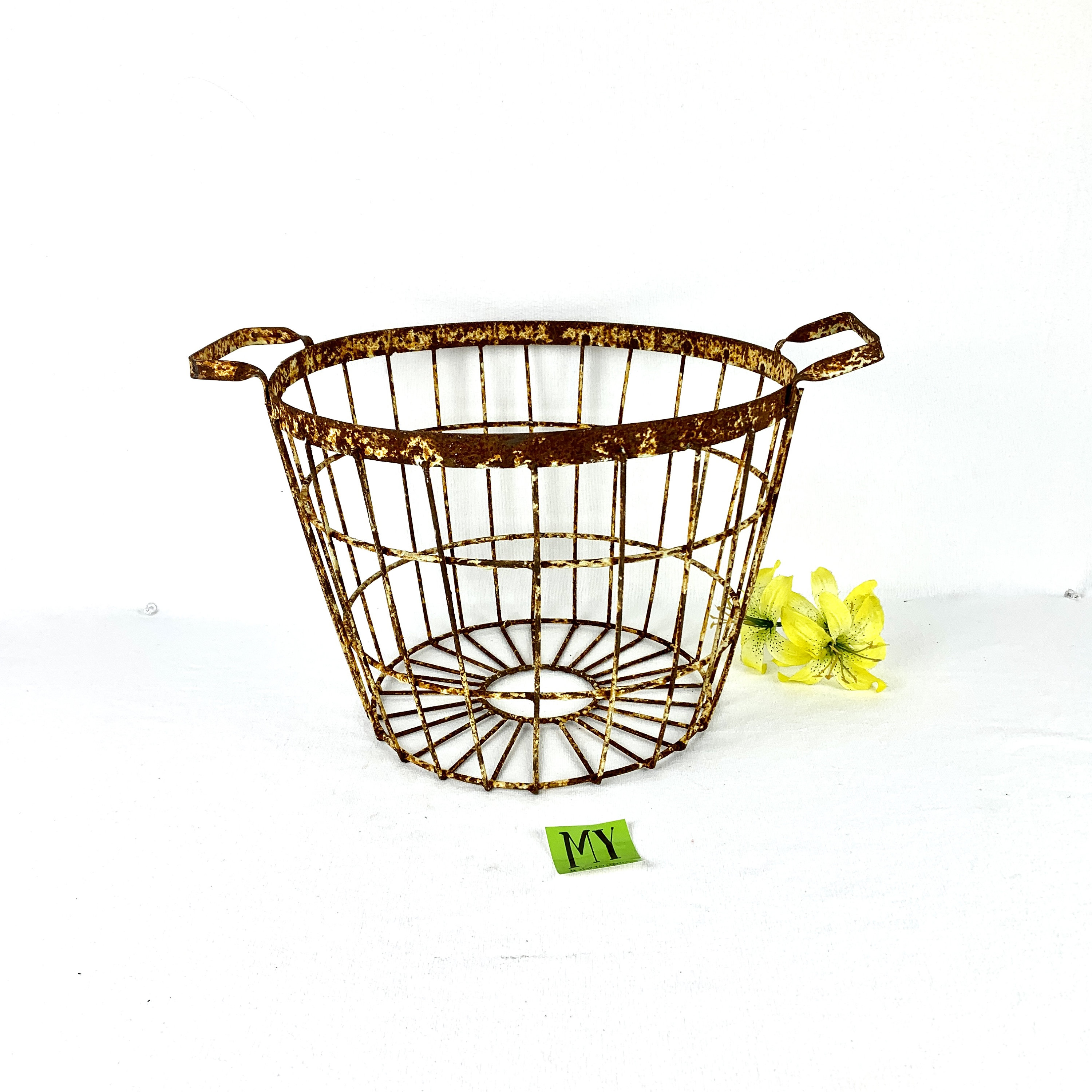 Large Antique Round Rusty Metal Wire Basket with Handles Primitive