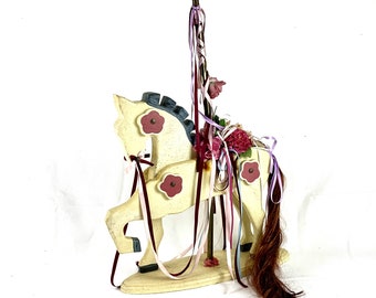 Vintage Handcarved Wooden Carousel Horse: Floral Ribbon Decor
