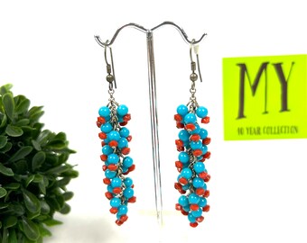 Vintage Southwestern Turquoise & Red Bead Dangle Earrings