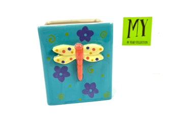 Vintage Ceramic Dragonfly Cup: Teal & Purple Pencil Holder