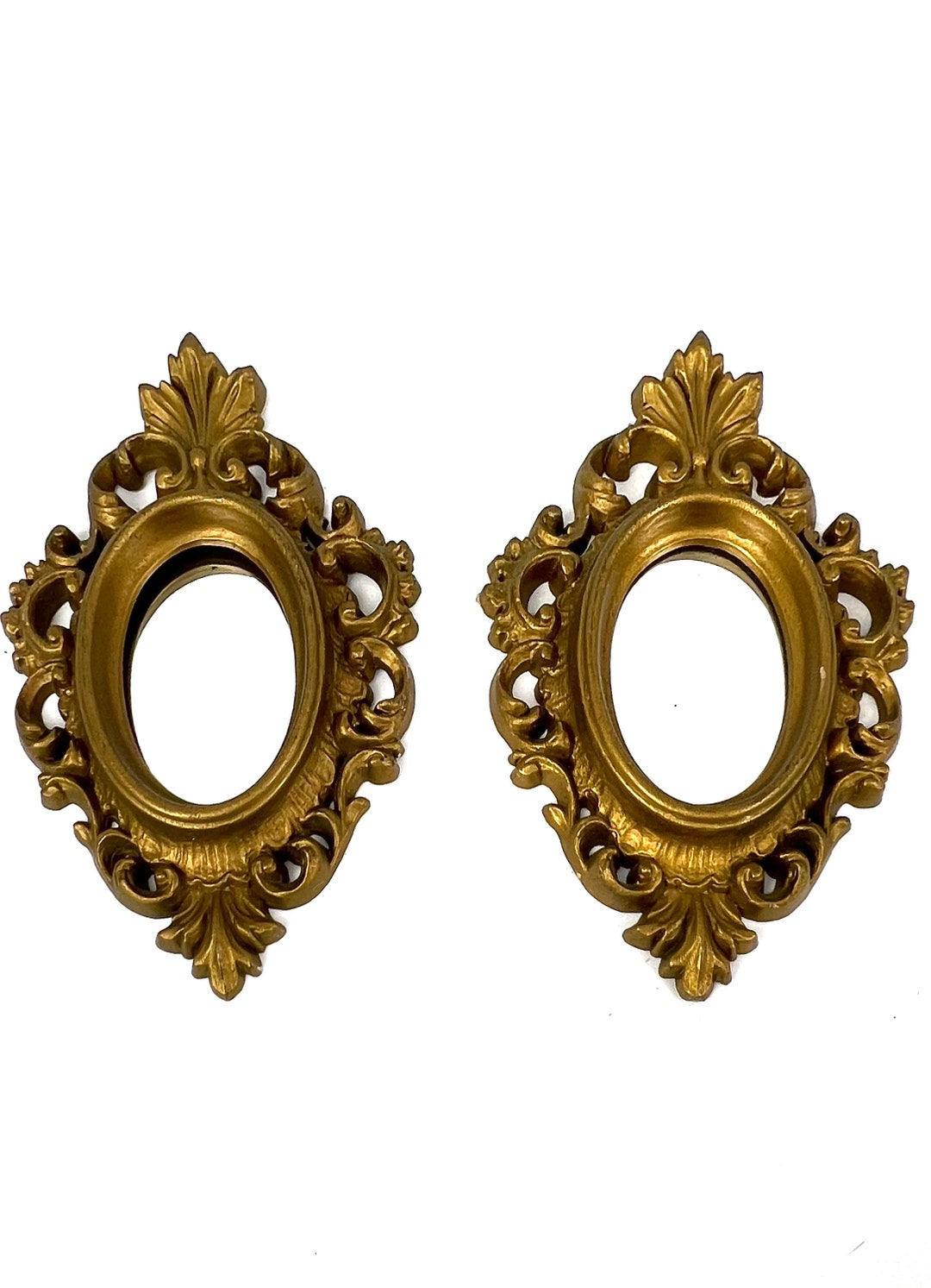 Vintage Pair of Small Mirrors Gold Ornate Filigree Oval Mirror Mid