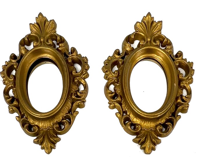 Vintage Pair of Small Mirrors Gold Ornate Filigree Oval Mirror Mid