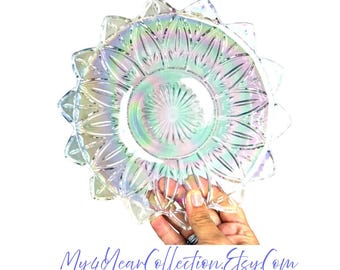 Vintage Federal Petal Iridescent Carnival Glass Dinner Plate Pressed Glass Serving Dish Mid Century