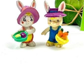 Vintage Hard Plastic Boy and Girl Bunny Rabbits with Purple Hats Anthropomorphic Bunny Retro Toys Decor My40YearCollection