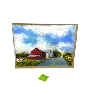 May include: A pastel painting of a red barn and a white house on a country road. The sky is blue with white clouds and there are power lines running across the scene.