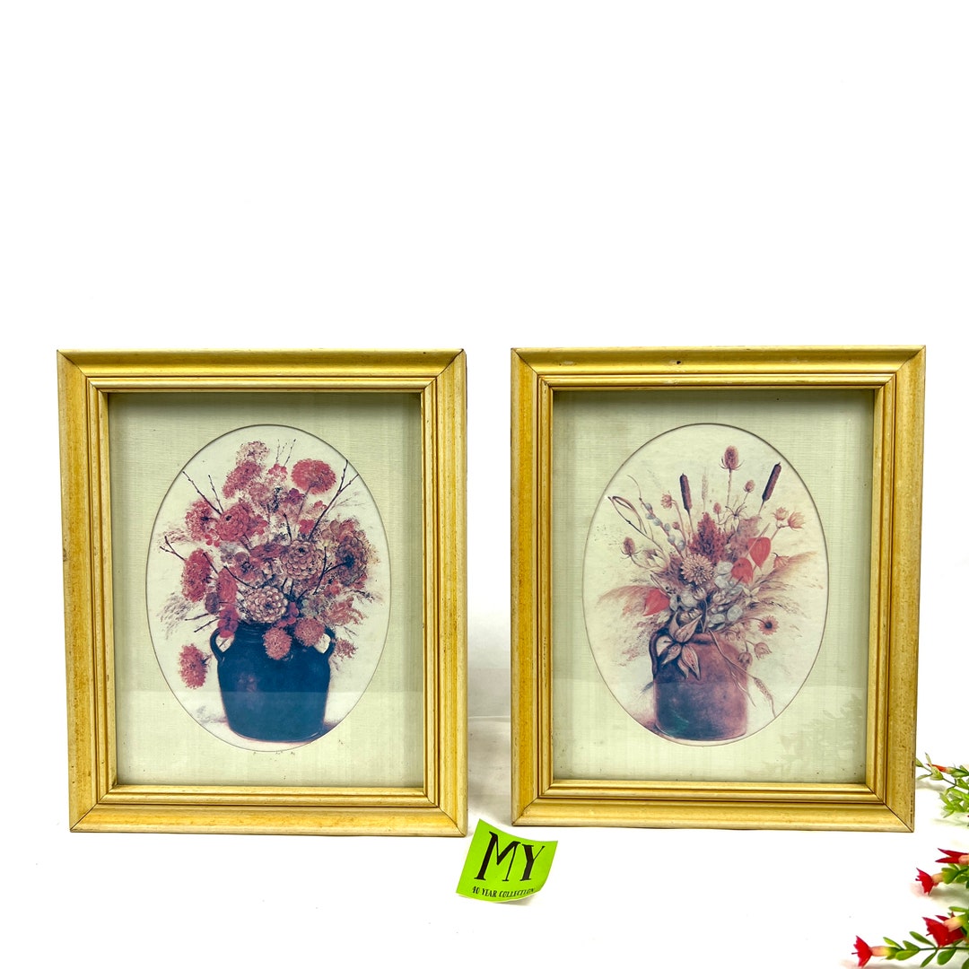 Pair of Vintage Framed Flower Pictures, Dried Flowers, Beige, Orange