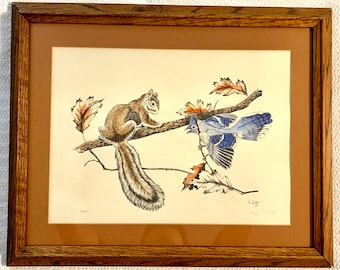 Vintage Limited Edition Squirrel and Blue Bird Drawing By Vernon L Potter 1978 Signed 32/200 My40YearCollection