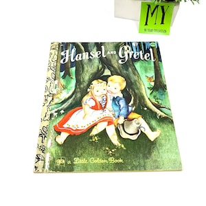 May include: A vintage Little Golden Book titled "Hansel and Gretel" with a colorful illustration of two children in a forest setting. The book cover features a green, brown, and yellow color scheme.