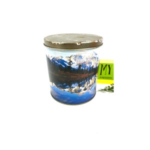 Vintage Tin Canister - Trails End - Decorative Tin Can - Man Cave Decor - Blue White Mountain lake motif - My40YearCollection