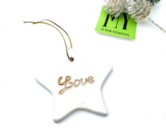 Vintage Ceramic Star Ornament: Embossed Love, White Christmas Decor