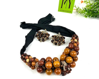 Vintage Wooden Bead Bib Necklace and Earrings Set: African Boho Style