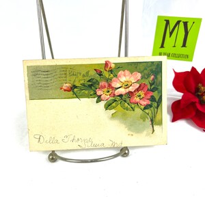 Carte postale allemande ancienne - Carte postale de fleurs roses - Posté en 1907 - Timbre Benjamin Franklin de 1 cent - Écriture éphémère My40YearCollection