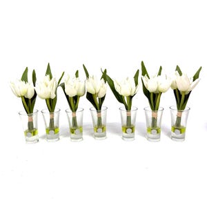 Peut inclure: Sept bouquets de tulipes blanches dans des verres &agrave; shot transparents. Chaque tulipe a des feuilles vertes et est attach&eacute;e avec de la ficelle. Les verres &agrave; shot ont un accent vert et argent&eacute; &agrave; la base. L'arrangement est sur fond blanc.