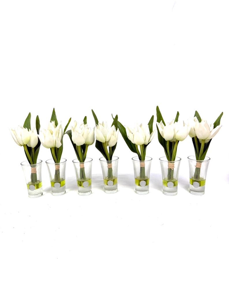 Peut inclure: Sept bouquets de tulipes blanches dans des verres &agrave; shot transparents. Chaque tulipe a des feuilles vertes et est attach&eacute;e avec de la ficelle. Les verres &agrave; shot ont un accent vert et argent&eacute; &agrave; la base. L'arrangement est sur fond blanc.