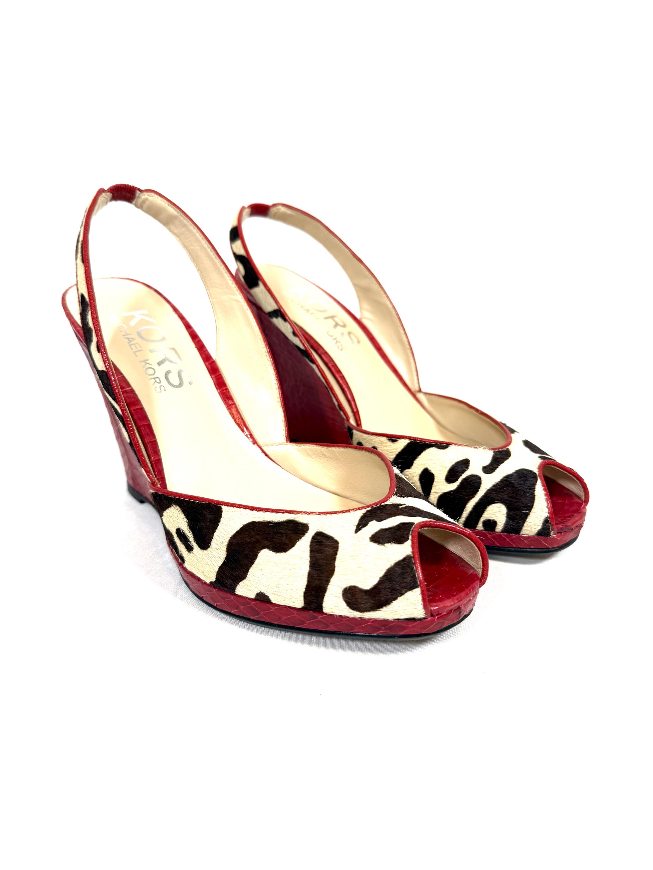 Y2K Michael Kors Vivian Peep Toe Wedge Heels Red Croc Zebra