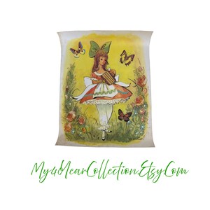May include: Vintage illustration of a girl in a dress with a large green bow, holding a book, surrounded by butterflies and roses. The artwork has a yellow background and is signed. The Etsy shop name "My4YearCollection.Etsy.Com" is at the bottom.