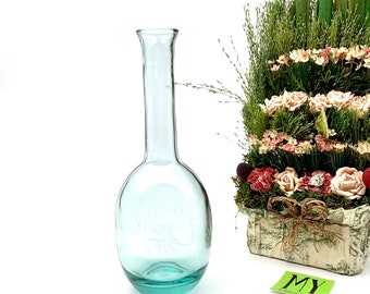 Vintage art glazen olijfoliedispenser: blauw getinte geëtste fles